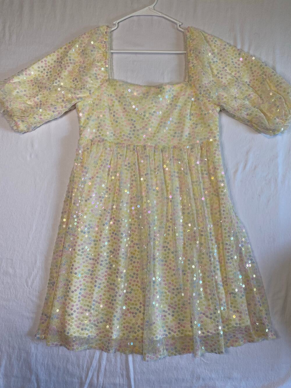 Altar'd State M Shasta Sequin Babydoll Square Neck Pastel Daisy Sparkle Dress